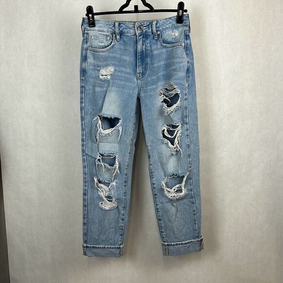 PacSun Denim Mom Jeans Sz 25 Cuff Distressed Short Capri Length - Picture 1 of 10